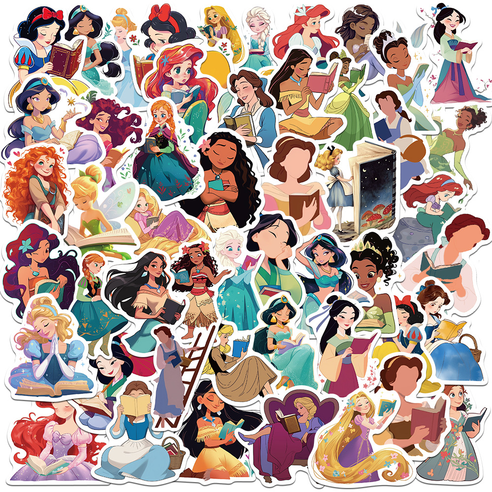 50PCS Waterproof PVC Cartoon Pretty Princess Reading Stickers Bookworm Theme Decals For Laptop Phone Case Water Bottle Notebook Luggage DIY Decoration For Kids Girls Students Colorful Vinyl Aesthetics Stickers Pack
