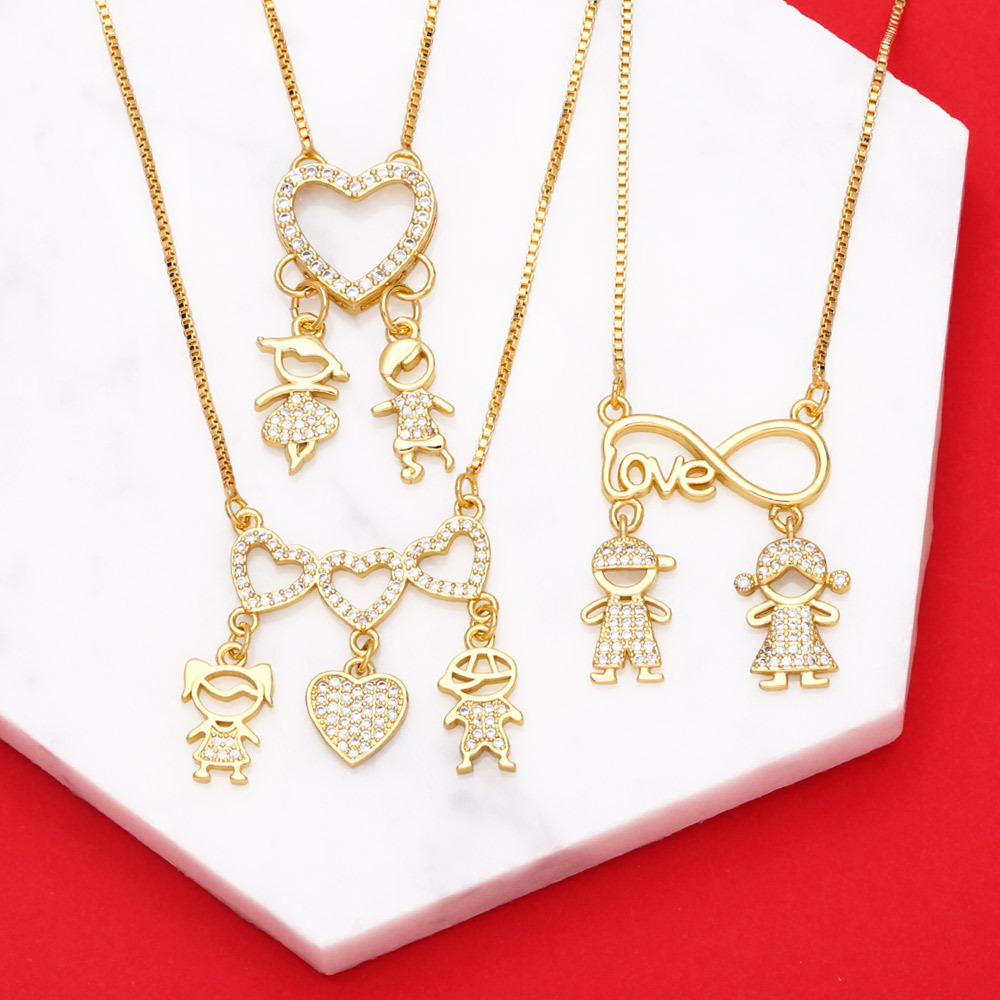 Boy Girl Pendant Necklace Copper 18K Gold Plated Heart Infinity Love Cubic Zirconia Family Jewelry Gift