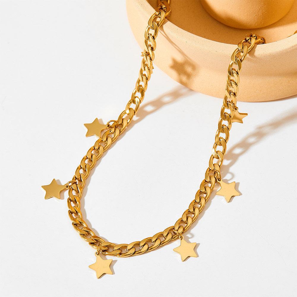 Star Pendant Necklace Stainless Steel Minimalist Curb Chain Multi Charm Clavicle Jewelry For Women