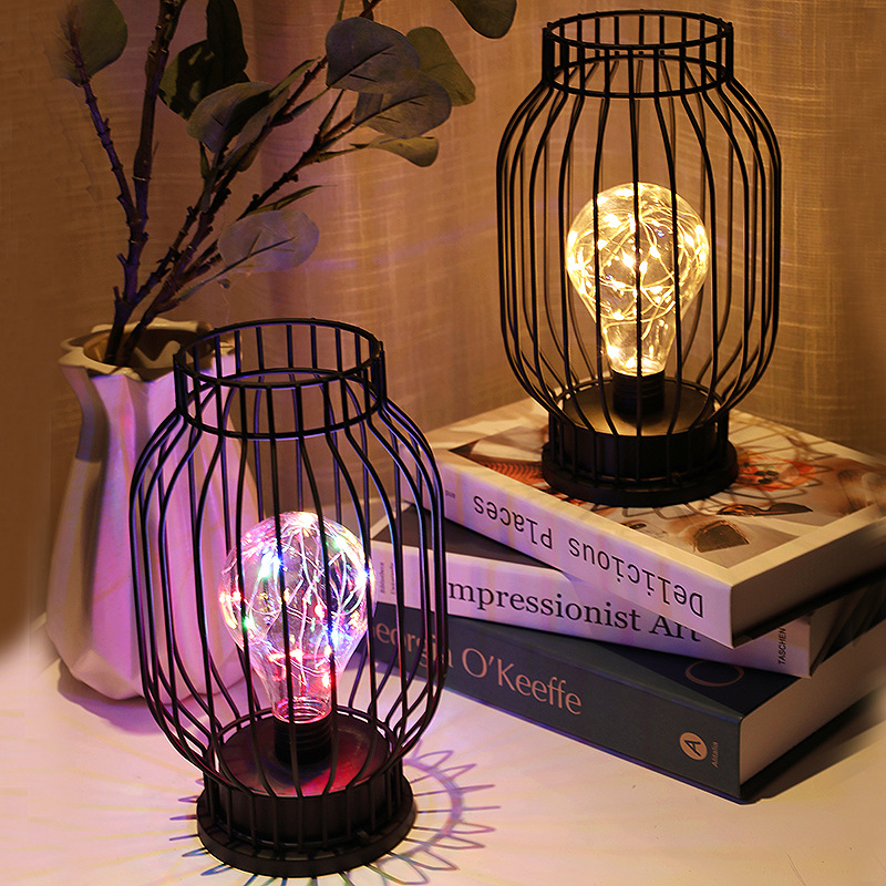 Modern Nordic LED Night Light Metal Iron Glass Lantern Battery Operated String Lights Table Lamp For Home Bedroom Living Room Office Atmosphere Decoration