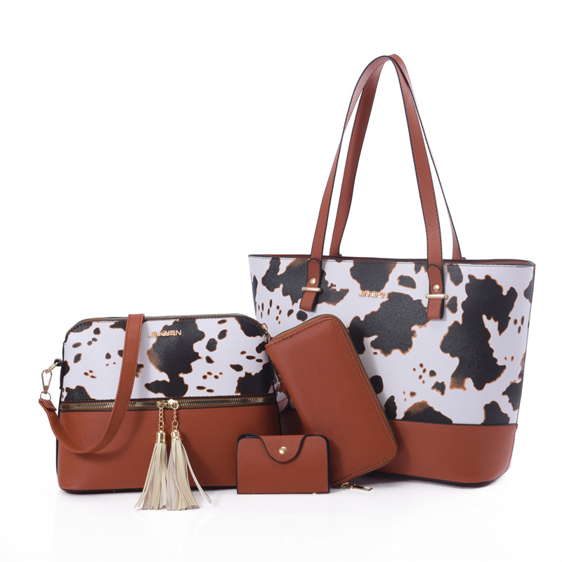 4Pcs Women Cow Print PU Leather Bag Set Large Capacity Fashion Tote Bag With Crossbody Bag Long Wallet Card Holder For Daily Work Travel Shopping