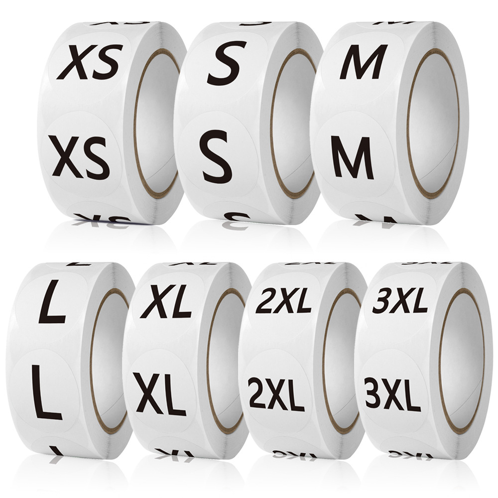 500pcs Roll 1 Inch Round Clothing Size Label Stickers White Coated Paper Self Adhesive Size Tags XS S M L XL 2XL 3XL For Apparel Retail Shoe Hat Marking