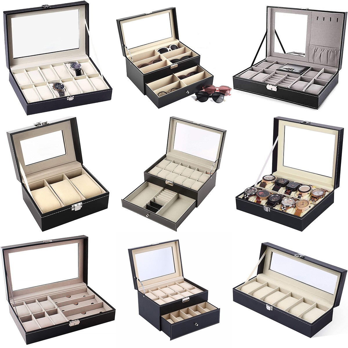 Pinhole Texture PU Leather Watch Box With Transparent Window Metal Lock Display Organizer Storage Case For 6/10/12 Slot Watches Jewelry Collection Box