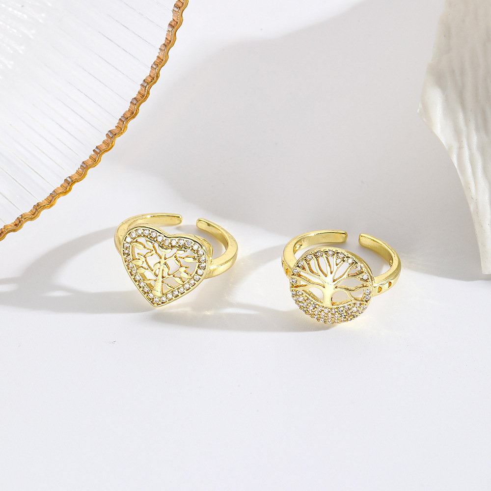 Tree Of Life Adjustable Open Ring 18K Gold Plated Copper Zircon Heart Shaped Retro Style For Men Women