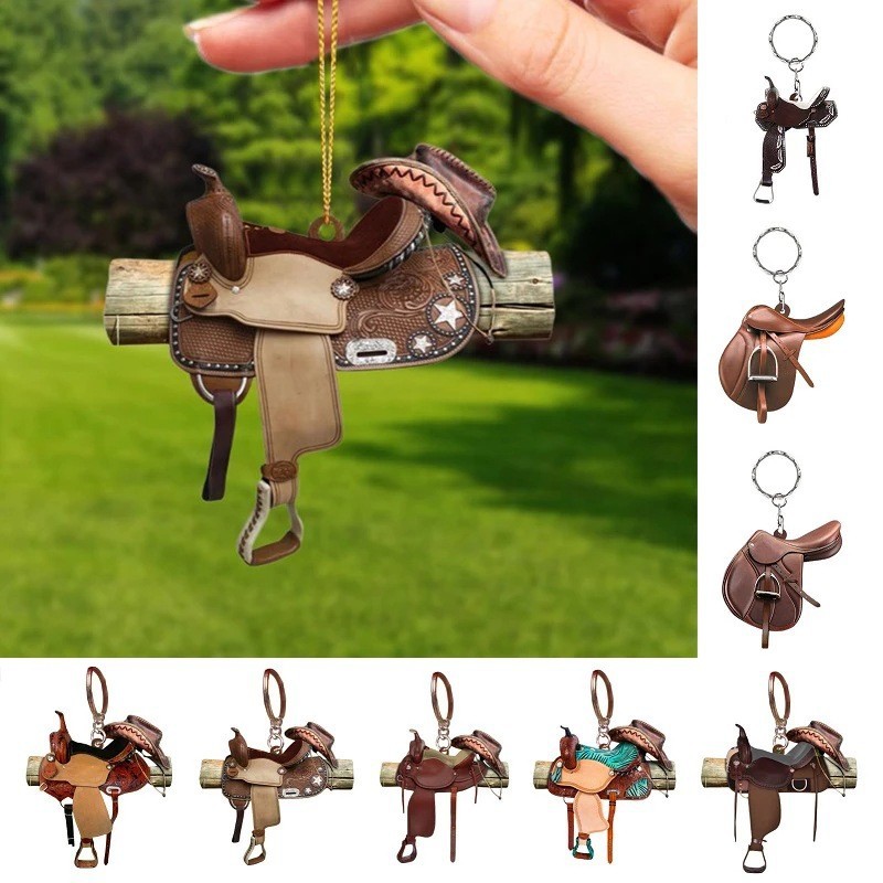 Western Cowboy Saddle Acrylic Keychain Retro Horse Saddle Pendant With Cowboy Hat Car Rearview Mirror Ornament Equestrian Style Bag Charms Gift
