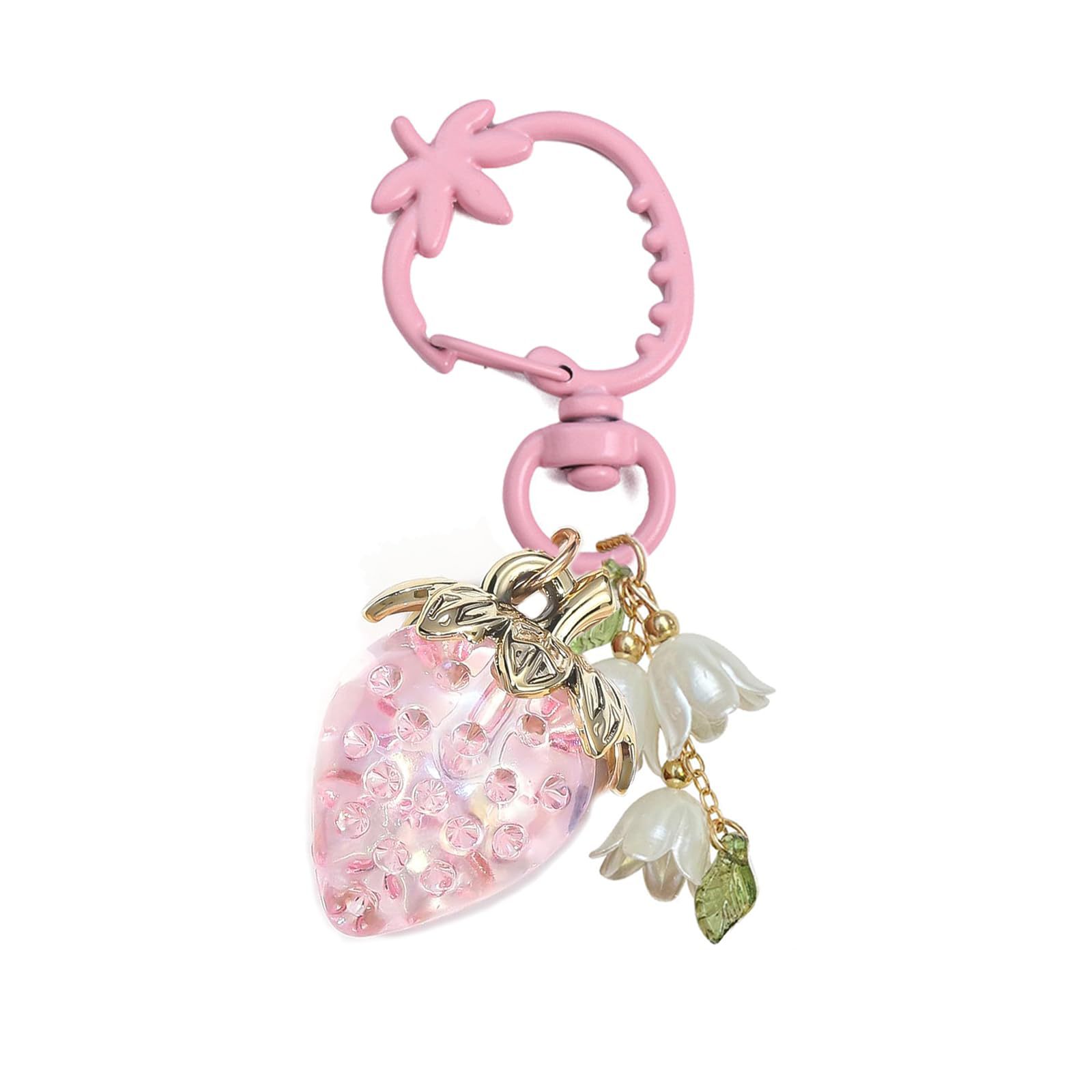Cute 3D Strawberry Keychain Resin Acrylic Fruit Bag Pendant With Rabbit Daisy Lily Of The Valley Zinc Alloy Heart Key Ring For Women Girls Gift Creative Ins Style Accessory