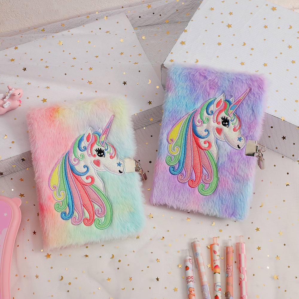 A5 Unicorn Plush Locked Notebook Cute Rainbow Tie-Dye Secret Diary Journal For Kids Girls Student Stationery Gift With Metal Lock Keys And Embroidery Cover