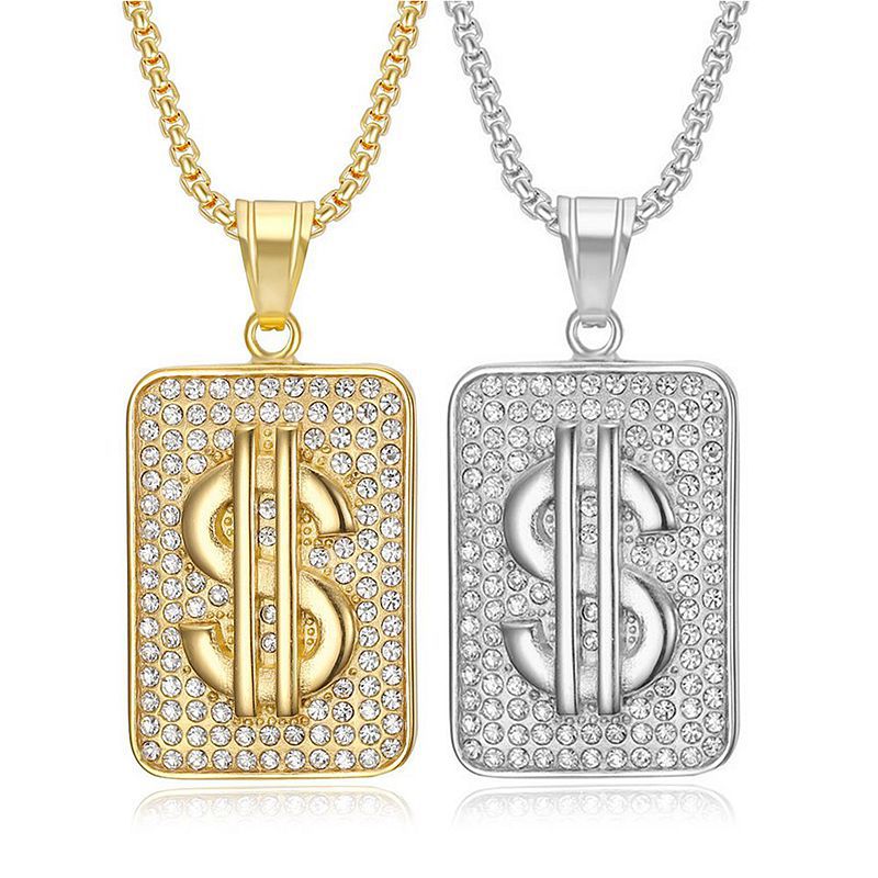 Hip Hop Iced Out Dollar Sign Pendant Necklace Stainless Steel Rhinestone Rectangular Tag Bling Jewelry