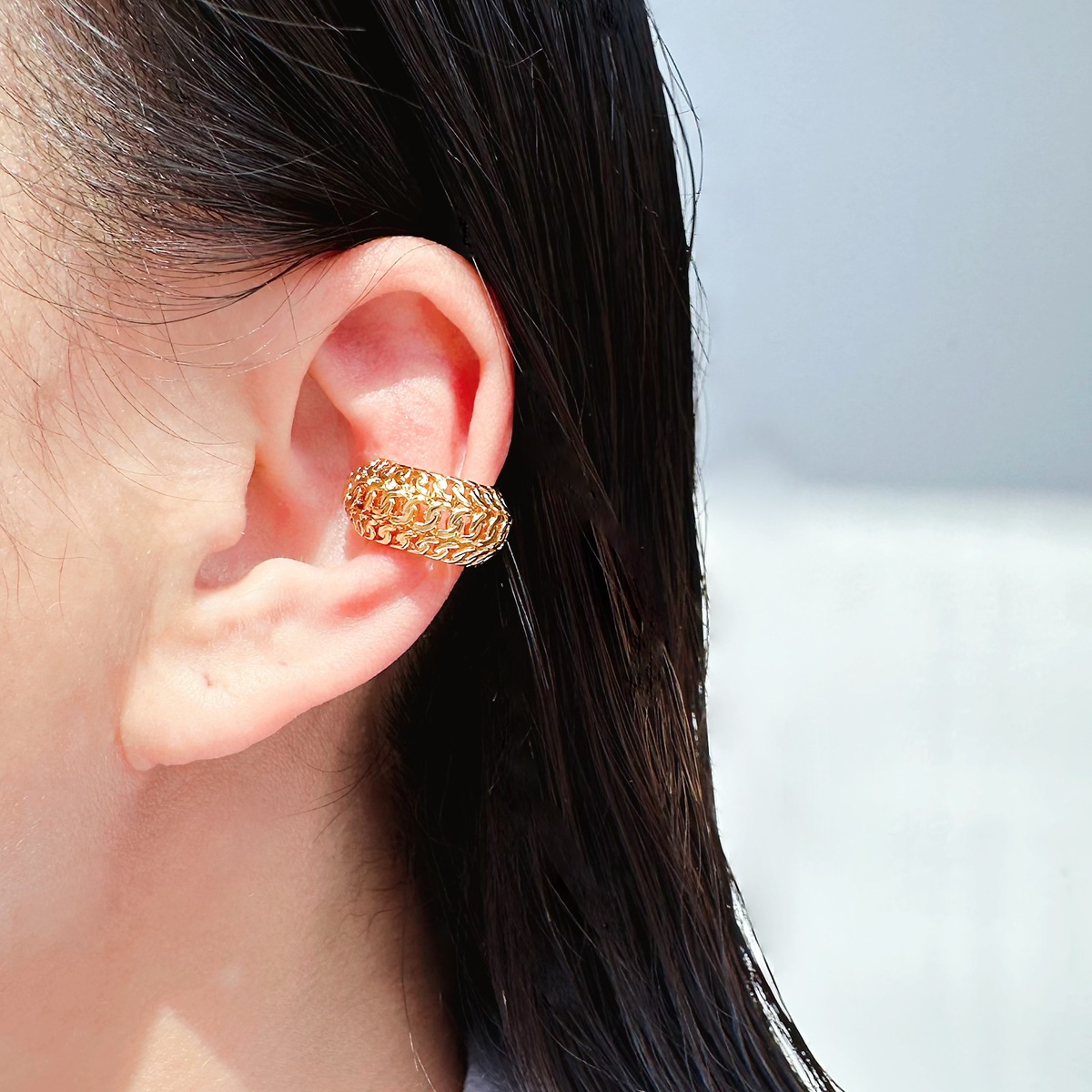 Unisex Ear Cuff Brass Real Gold Plated Hollow Chain Wide Version Non Pierced Clip On Earrings Punk Metal Style