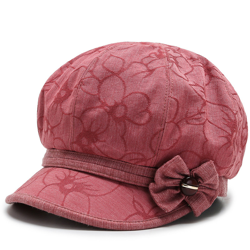Women's Floral Print Newsboy Hat Vintage Elegant Beret with Bow Decoration Cotton Blend Octagonal Painter Cap for Travel Outdoor
