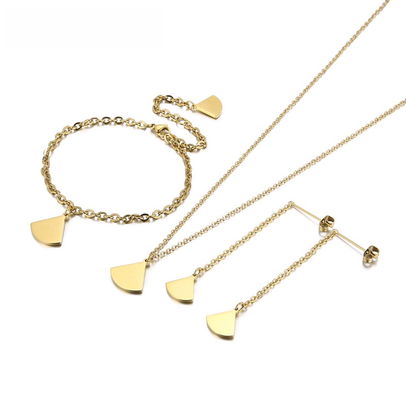 Stainless Steel Fan Shaped Jewelry Set Gold Silver Plated Fan Pendant Necklace Bracelet Earrings Set For Women Elegant Minimalist Party Accessories