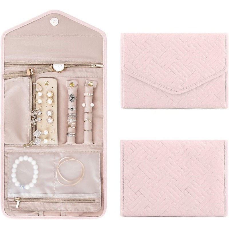 Quilted Polyester Cotton Portable Travel Jewelry Storage Bag Folding Jewelry Organizer For Earrings Rings Necklaces Watches Women Accessory Case