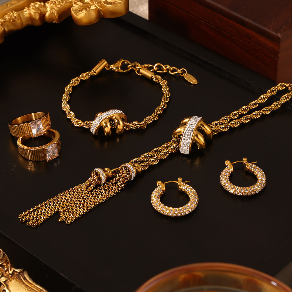 Stainless Steel Necklace Bracelet Earrings Rings Zircon Inlaid Tassel Twisted Chain Gold Plated Luxury Accessories Women