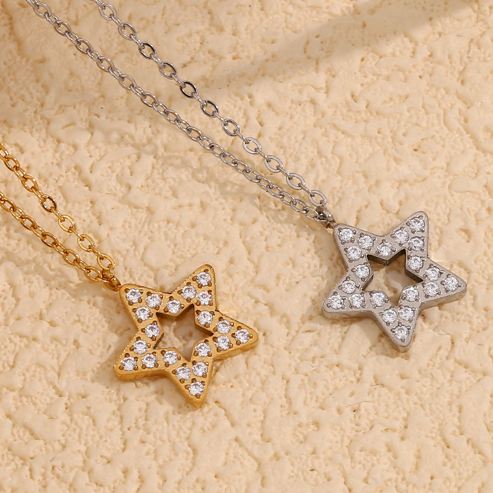 Stainless Steel Star Pendant Necklace for Women 18K Gold Plated Hollow Out Zirconia Star Necklace Dainty Geometric Star Jewelry for Daily Party