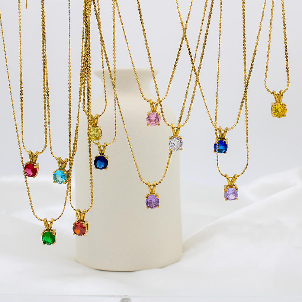 18K Gold Plated Stainless Steel Birthstone Pendant Necklace For Women Round Zirconia 12 Months Birthday Anniversary Gift Jewelry