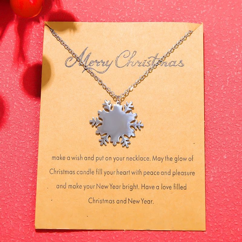 Christmas Snowflake Pendant Necklace Alloy Silver Tone With Merry Christmas Wish Card Winter Holiday Jewelry For Women Girls Gift