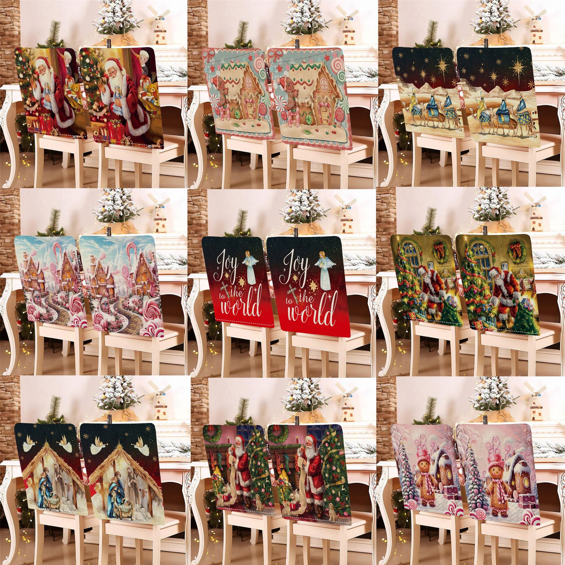 Christmas Chair Covers Linen Cartoon Santa Gingerbread House Pattern Dining Chair Back Covers For Restaurant Party Home Festive Decoration
