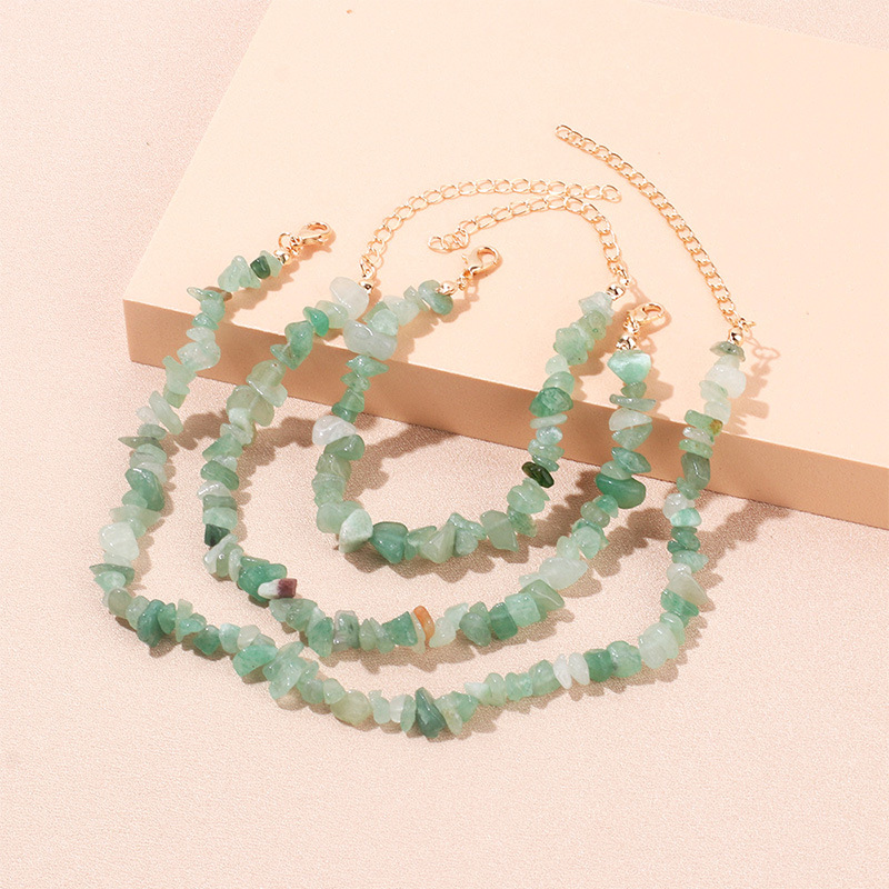 Bohemian Irregular Natural Stone Jewelry Set For Women Multilayer Crushed Stone Necklace Bracelet Anklet Set With Gold Plated Alloy Extension Chain Handmade Natural Crystal Jewelry