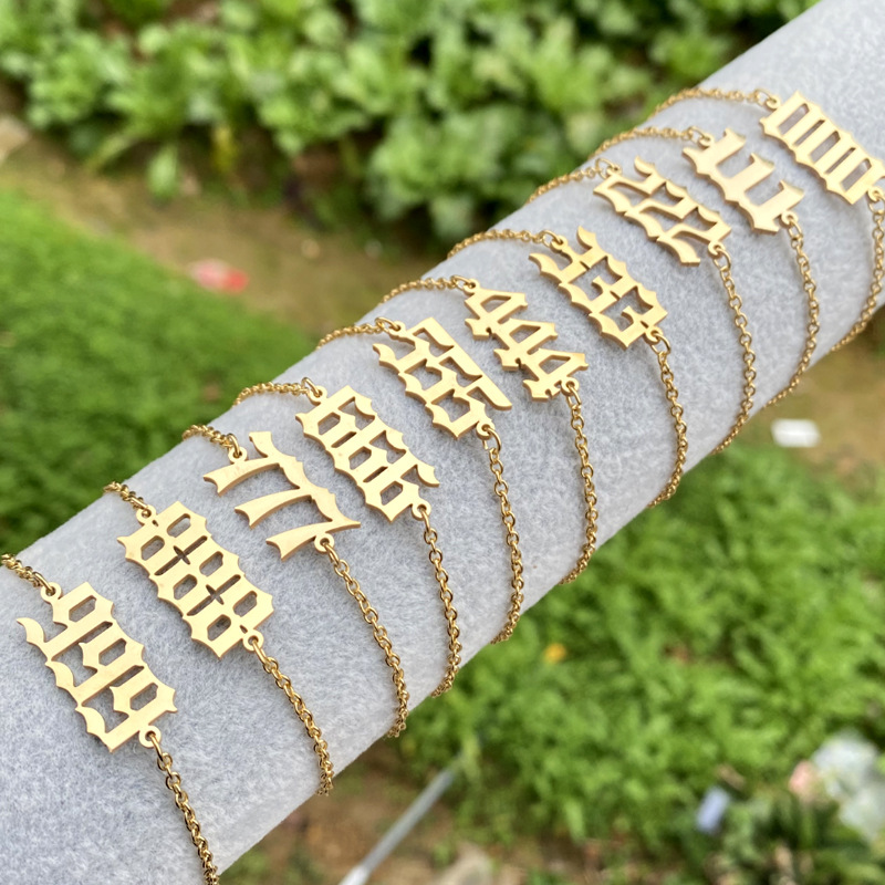 Angel Number Stainless Steel Bracelet For Women Gothic Old English Lucky Number 000-999 Pendant Adjustable Link Chain Bracelet Retro Minimalist Jewelry Gift