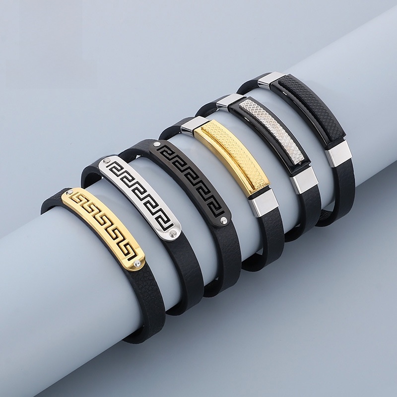 Men Bracelet Stainless Steel Microfiber Leather Fashion Greek Key Pattern Geometric Adjustable Punk Retro Accessories
