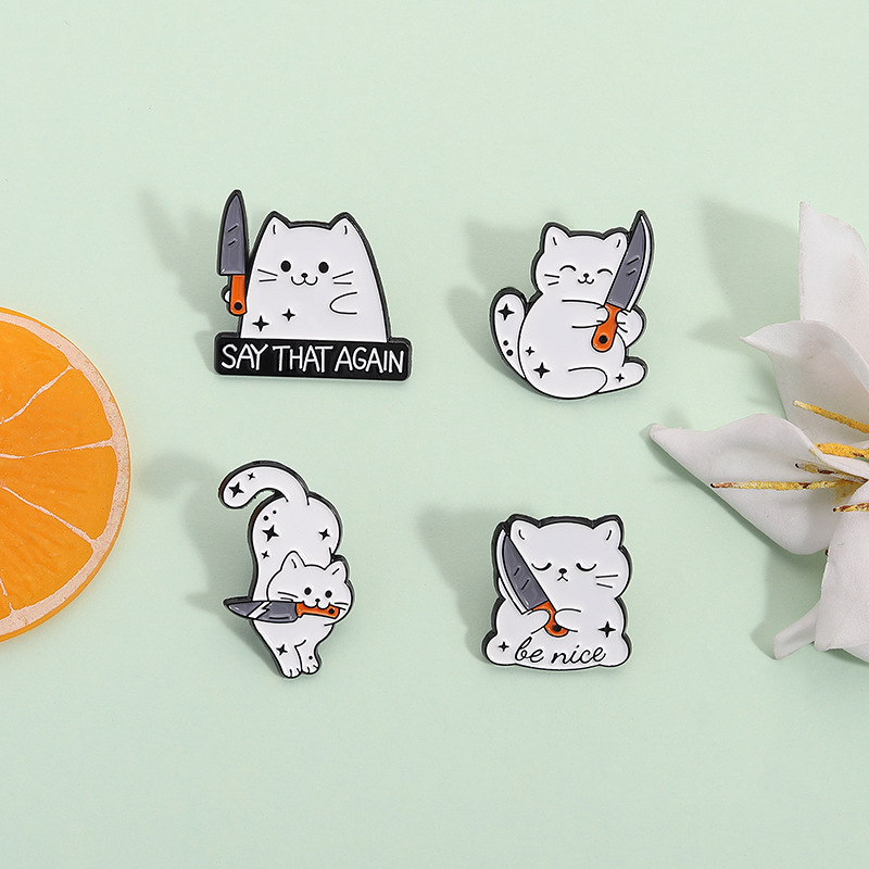 Funny Cartoon Cat With Knife Enamel Pin Alloy Humorous Say That Again Be Nice Badge Brooch For Backpack Clothing Accessories Gift Men Women Kids