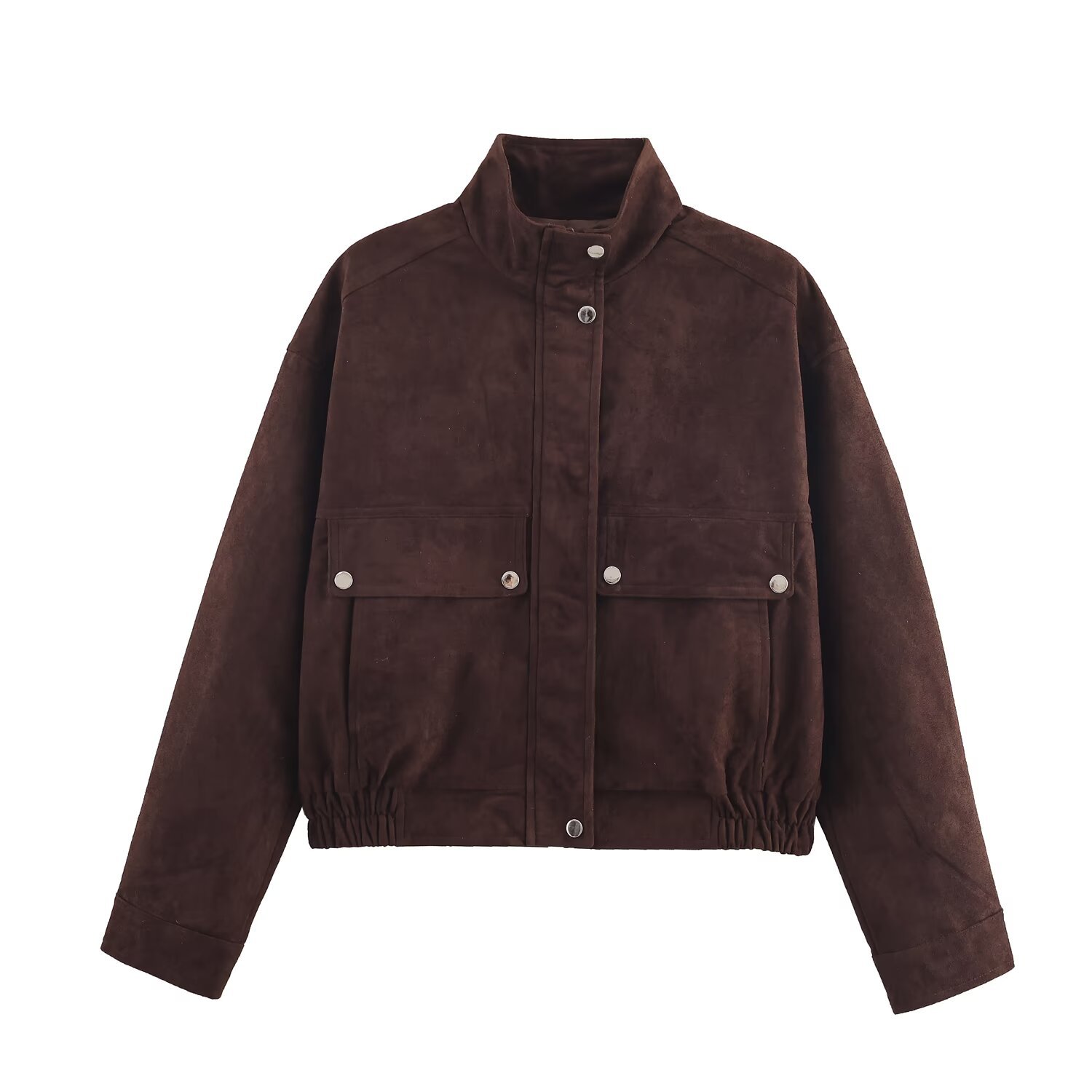 Women's Faux Suede Jacket Stand Collar Solid Color Zipper Front Outerwear with Pockets Streetwear Autumn Winter Casual Brown Coat