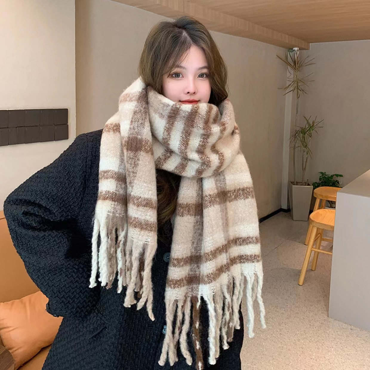 Women Winter Thick Warm Plaid Scarf Mohair Like Acrylic Boucle Yarn Long Over-sized Tassel Shawl Korean Style Soft Checked Wrap For Ladies Students Daily Wear