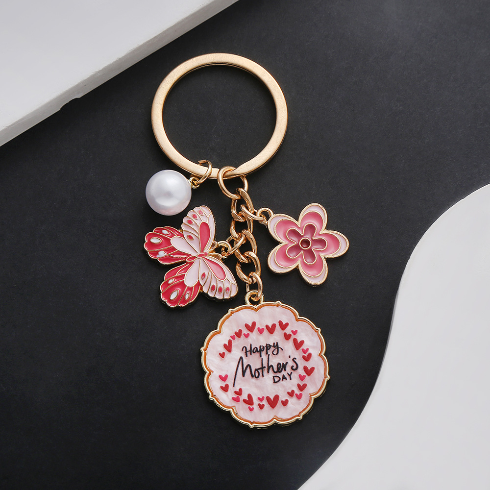 Enamel Butterfly Flower Keychain With Faux Pearl Happy Mother's Day Heart Tag Gold Plated Zinc Alloy Key Ring Gift For Mom Women Accessories