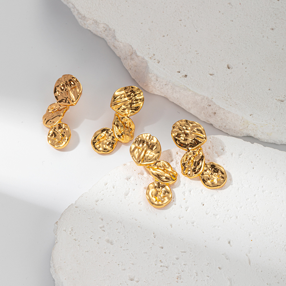 Stainless Steel Irregular Lava Textured Lotus Leaf Earrings Gold Plated Geometric Minimalist Jewelry For Women