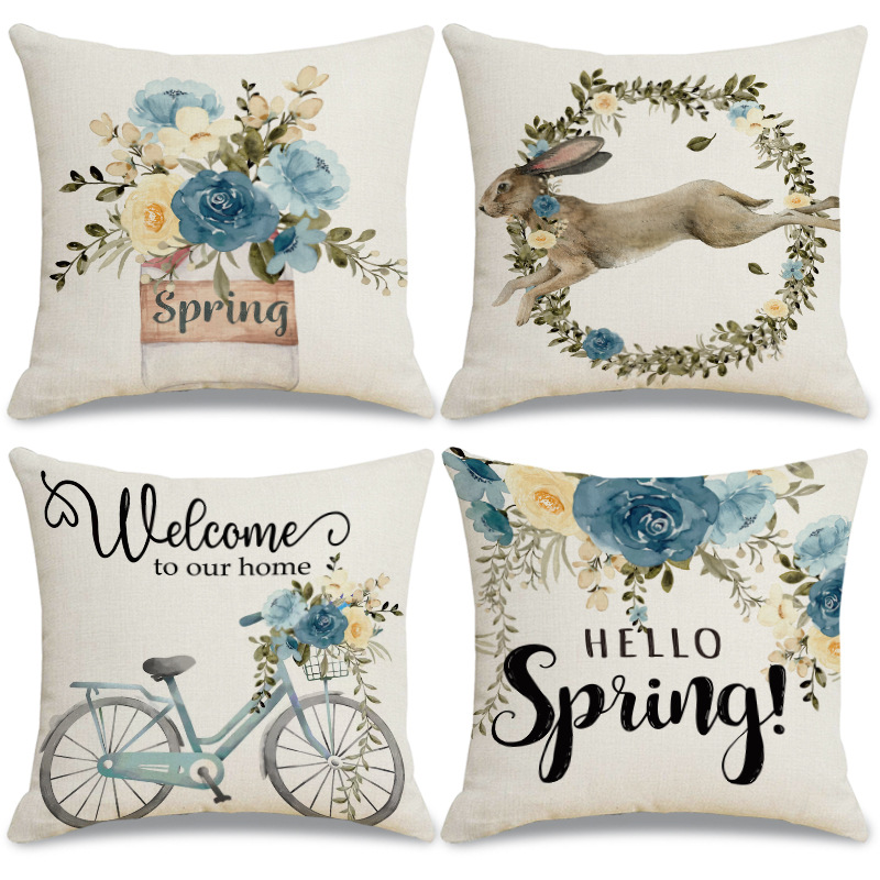 Easter Cushion Covers Linen Blend Bunny Flower Print Square Decorative Pillow Cases For Spring Home Decor Sofa Couch 18x18 Inch
