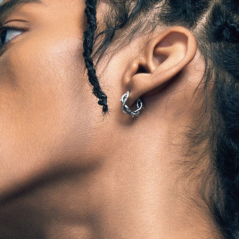 Thorn Hoop Earrings Copper Vine Texture Punk Gothic Hip Hop Jewelry Unisex Silver Tone