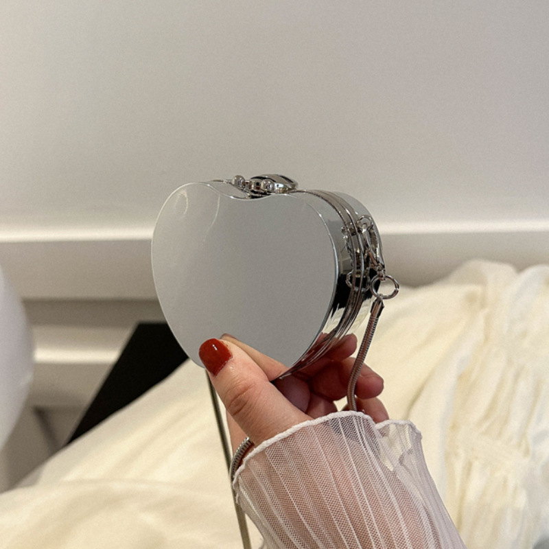 Women's Mini Silver Metallic Bag Heart Square Polygon Shaped Lipstick Earphone Case Fashion Evening Party Shoulder Bag With Chain Strap Ins Style Crossbody Bag