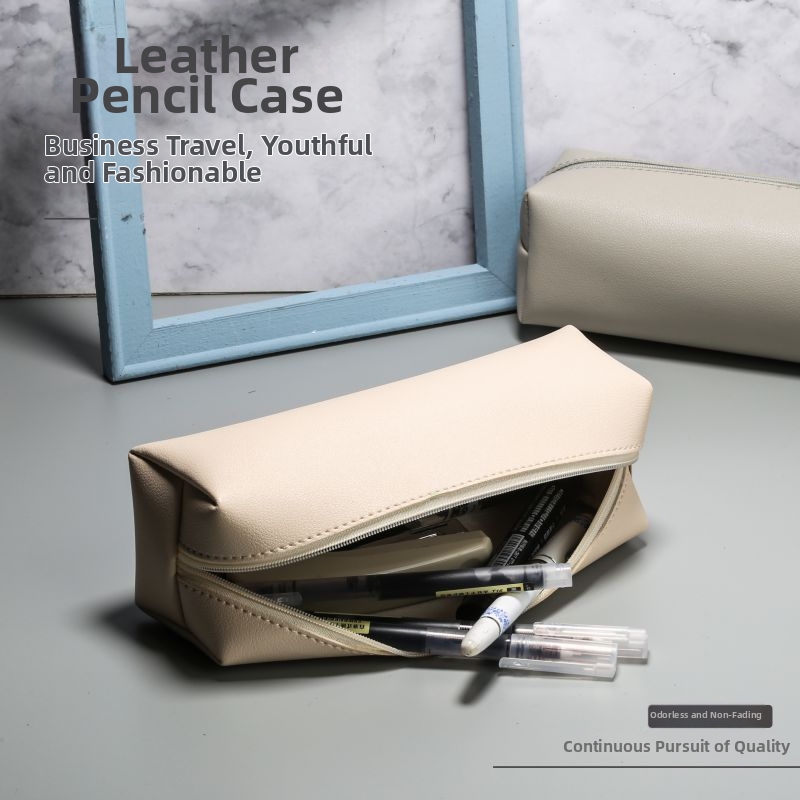 Minimalist PU Leather Pencil Case Large Capacity Portable Makeup Brush Storage Bag Multi-functional Stationery Pouch With Metal Zipper For Students Office Women Travel