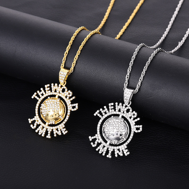 Iced Out Planet Earth Pendant Necklace Stainless Steel Twist Chain Alloy Zirconia The World Is Mine Lettering Hip Hop Streetwear Jewelry For Women Men