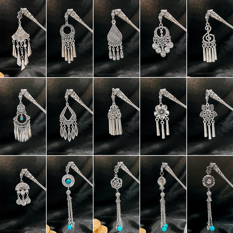 Vintage Chinese Style Alloy Hair Stick With Long Tassel Turquoise Red Gemstone Ethnic Hollow Out Palace Hair Fork For Women Hanfu Hair Accessories