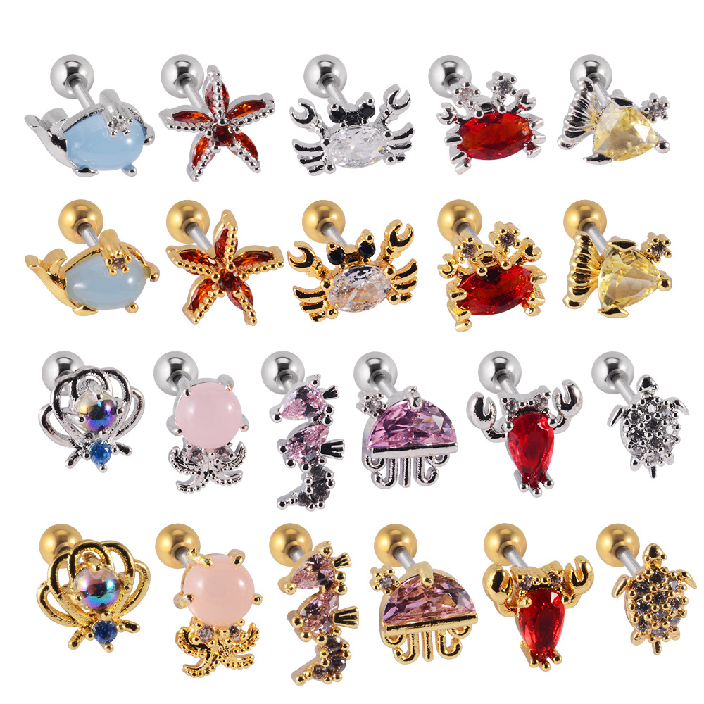 Marine Animal Helix Stud Earrings Copper Zircon Inlaid Stainless Steel Earring Post Screw Back Cartilage Jewelry