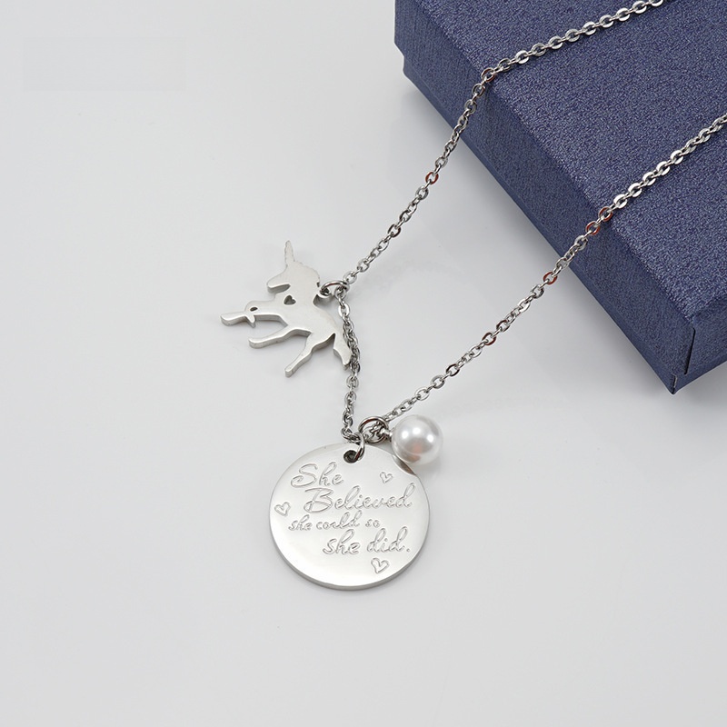 Stainless Steel Inspirational Necklace Unicorn Pendant Pearl Engraved She Believed She Could So She Did Round Disc Jewelry Set For Women Girls Silver