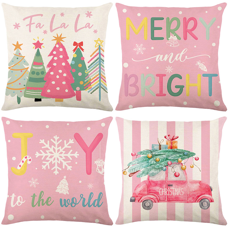 Pink Christmas Tree Linen Pillowcase 45x45cm Square Decorative Throw Cushion Cover For Sofa Couch Home Decor Pink Watercolor Truck Print