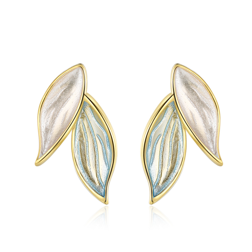 Leaf Stud Earrings With 925 Sterling Silver Earring Post Copper Gradient Blue White Enamel Elegant Jewelry For Women
