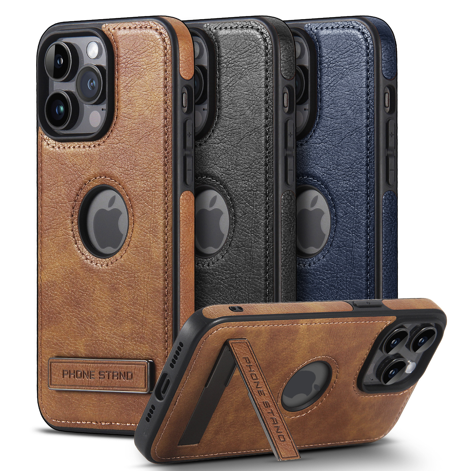 Luxury Litchi Pattern PU Leather Phone Case With Foldable Metal Stand Shockproof Protective Cover For iPhone 17 16 15 14 13 12 Pro Max Business Men Women