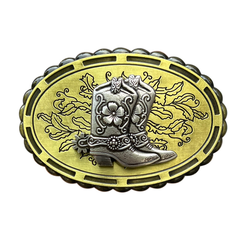 Western Cowboy Belt Buckle Vintage Zinc Alloy Floral Engraved Oval Smooth Buckle With Cowboy Boots Motif For Men Rodeo Accessory