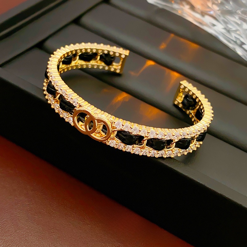 Real Gold Plated Zircon Double Ring Leather Open Bracelet Personality Fashion Bracelet Earrings