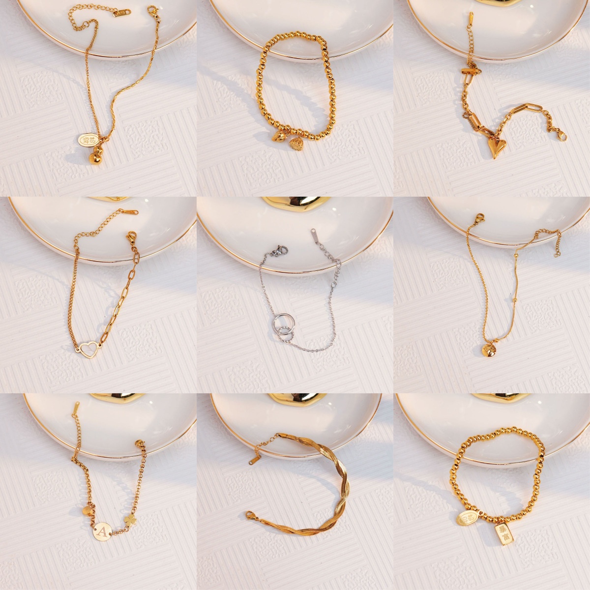 18K Gold Plated Stainless Steel Bracelets for Women Elegant Heart Butterfly Clover Evil Eye Roman Numeral Pendant Link Chain Bracelets Lucky Gourd Charm Jewelry for Party Gift