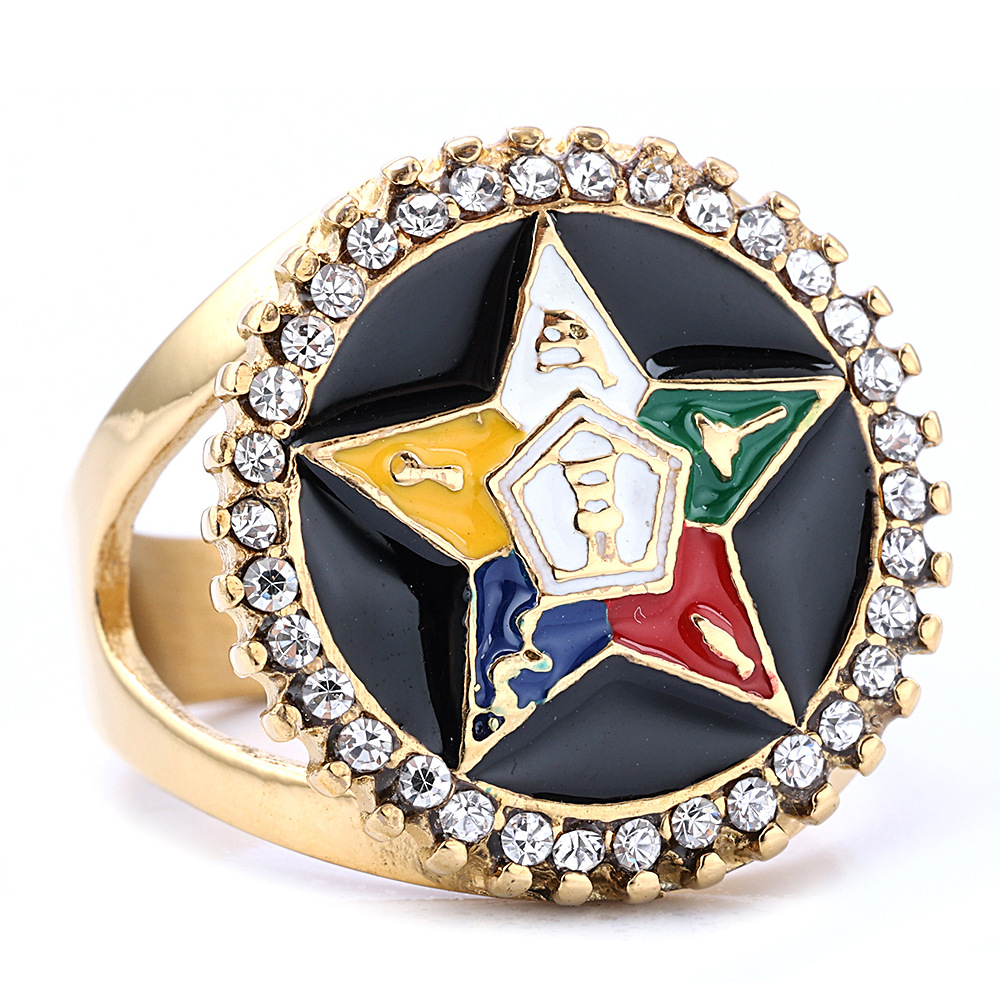 Order of the Eastern Star OES Ring Gold Silver Plated Alloy Five Color Enamel Star Rhinestone Hollow Out Ritual Band Jewelry for Women Society Member Gift