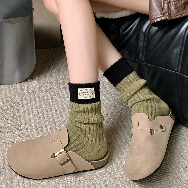 Women's Wool Blend Winter Warm Thick Slouch Socks Retro Knitted Crew Socks With Something Better Label Contrast Color Ribbed Socks
