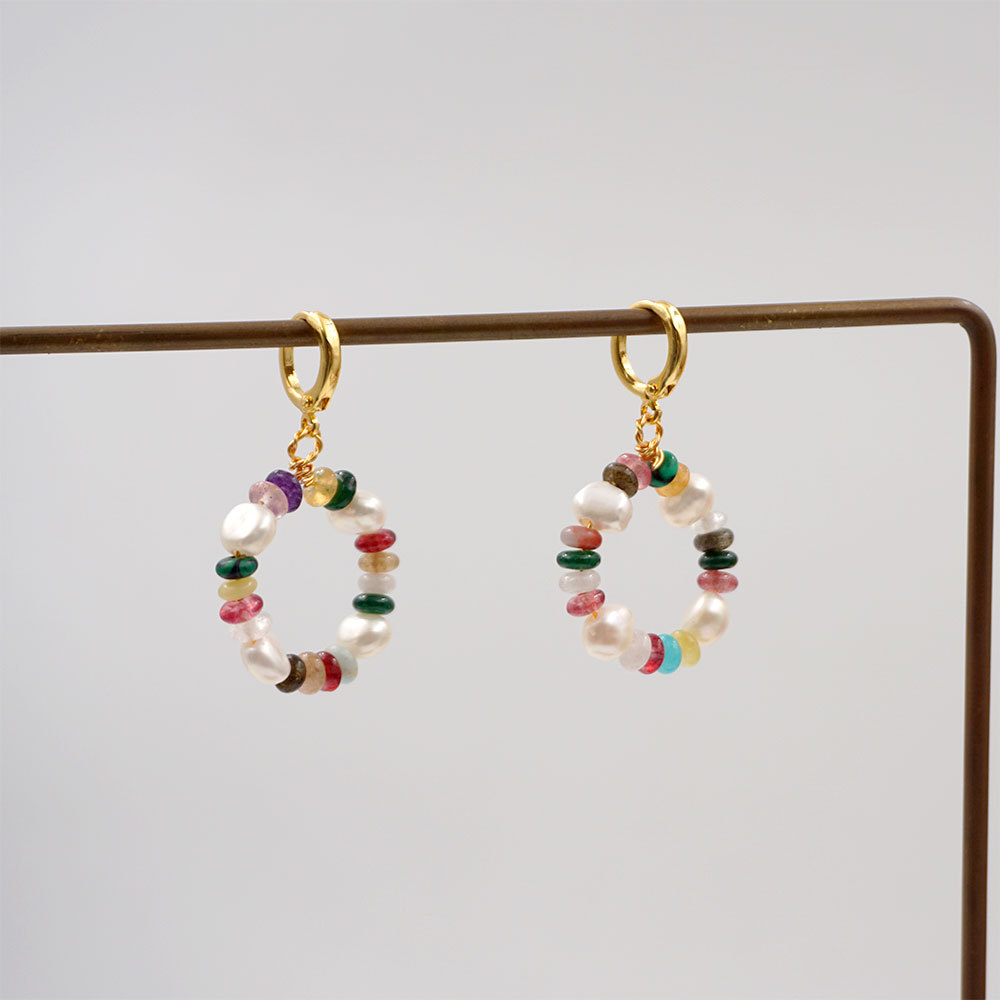 New Chinese Style Circle Drop Earrings Handmade Copper Gold Plated Colorful Checkered Stone Freshwater Pearl Dangle Earrings For Women Niche Design Bohemian Jewelry Gift