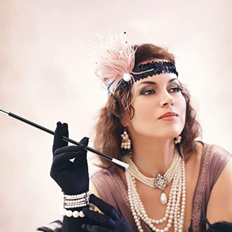 1920s Flapper Accessories Set For Women Great Gatsby Party Faux Pearl Necklace Long Satin Gloves Plastic Cigarette Holder Retro Halloween Costume Props