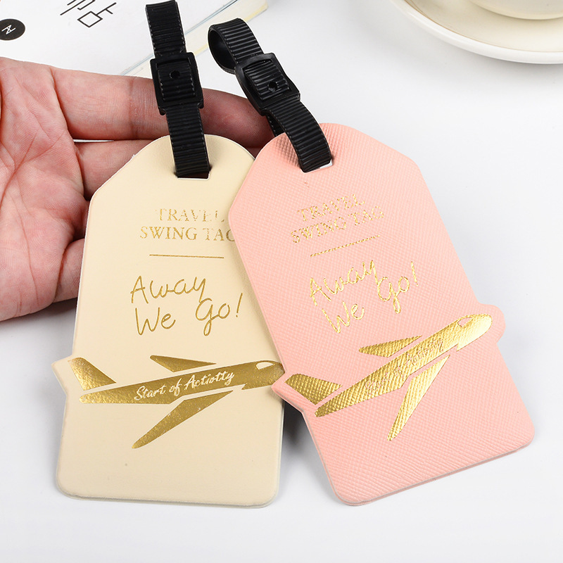 Airplane Faux Leather Luggage Tags PU Leather Travel Suitcase ID Tags With Privacy Information Card For Men Women Bag Accessories Gold Stamping Identity Label