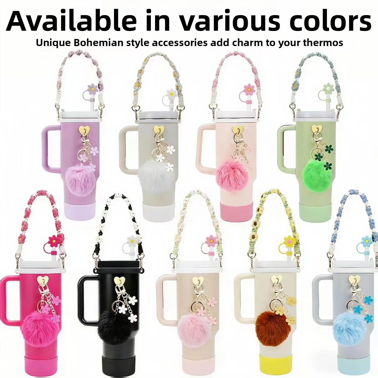 7pcs DIY Water Bottle Accessories Set Bohemian Flower Braided Strap Silicone Boot Straw Cover Pompom Heart Keychain For Stanley 40oz Tumbler Decor