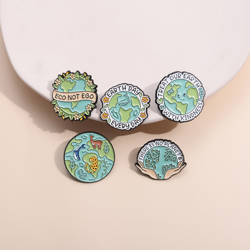 5Pcs Earth Day Enamel Pins Set Cartoon Eco Friendly Zinc Alloy Badge Save The Planet Slogan Brooch For Backpack Clothing Accessories Gift